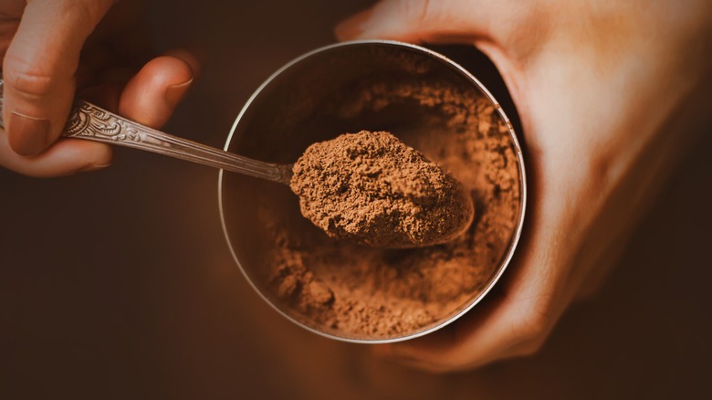 hands holding cup of cocoa powder with teaspoon