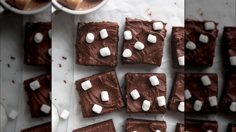 sliced hot chocolate brownies with marshmallows