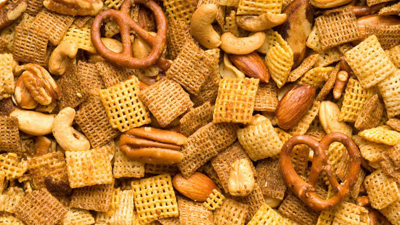 traditional Chex mix with nuts and pretzels