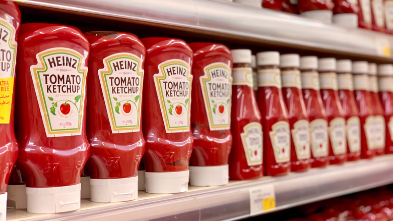 Bottles of Heinz ketchup on a shelf