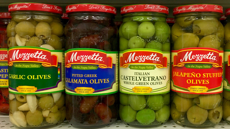 Mezzetta olives on a shelf.