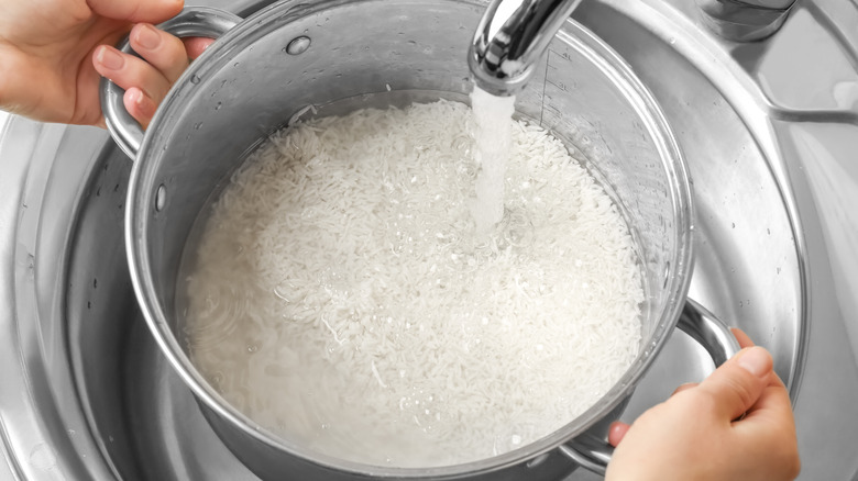 A person fills a pot of rice with water