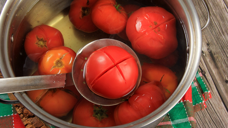 Tomatoes in hot water ready to have the skin peeled off