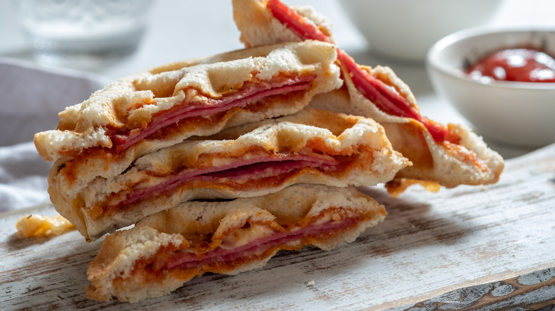 waffle iron pizza pockets stacked