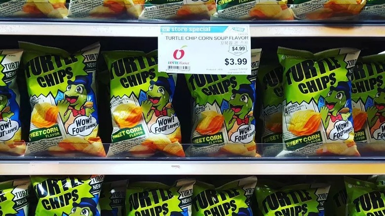 Bags of Turtle Chips on a store shelf