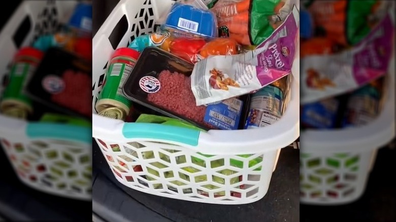 laundry basket with groceries