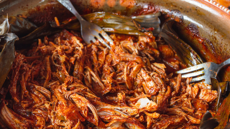 Shredded meat in banana leaves