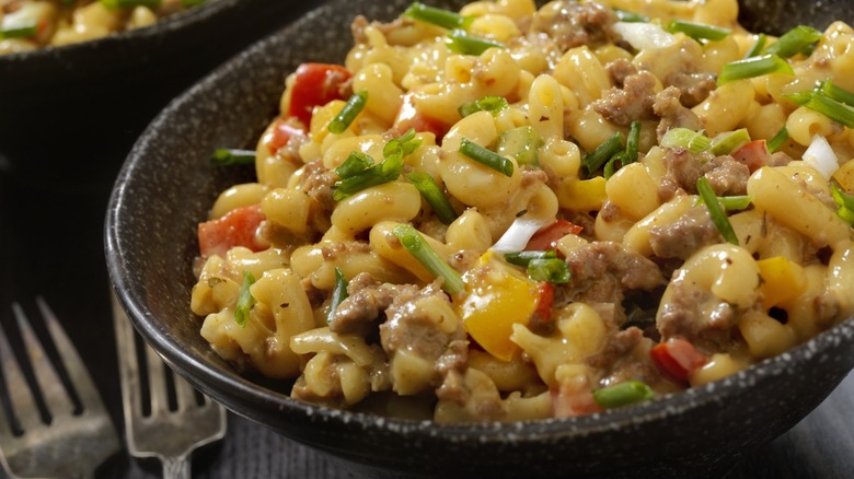 dark bowl with mac cheese