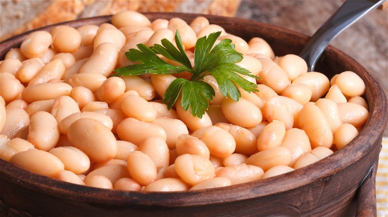 Cooked white kidney beans in bowl 