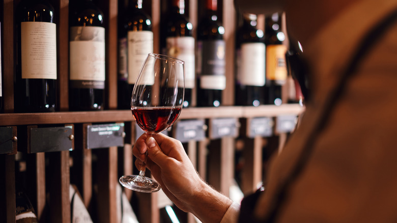 Person holding glass of red wine in cellar