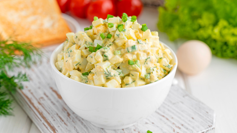 Freshly made egg salad in a bowl