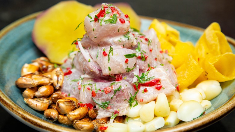 close up ceviche with add ins