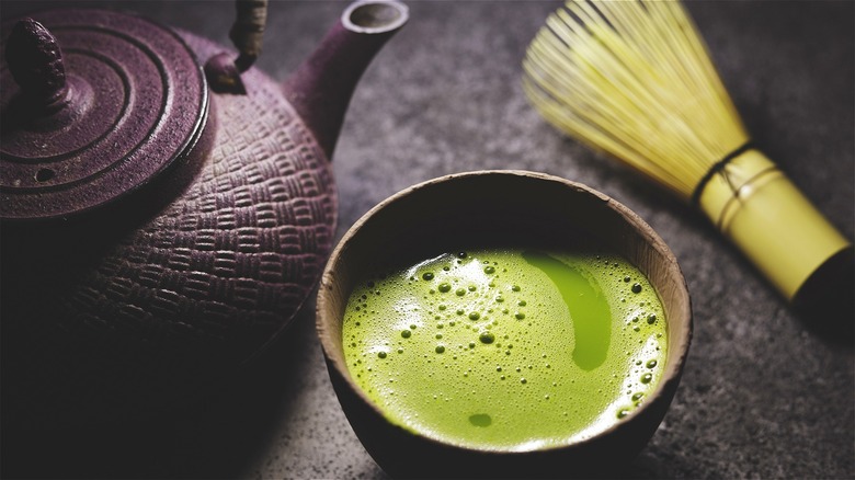 frothy matcha and bamboo whisk 