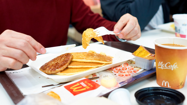 McDonald's hotcakes and sausage with coffee