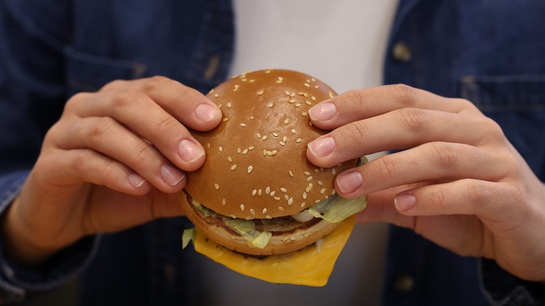 hands holding mcdonald's burger