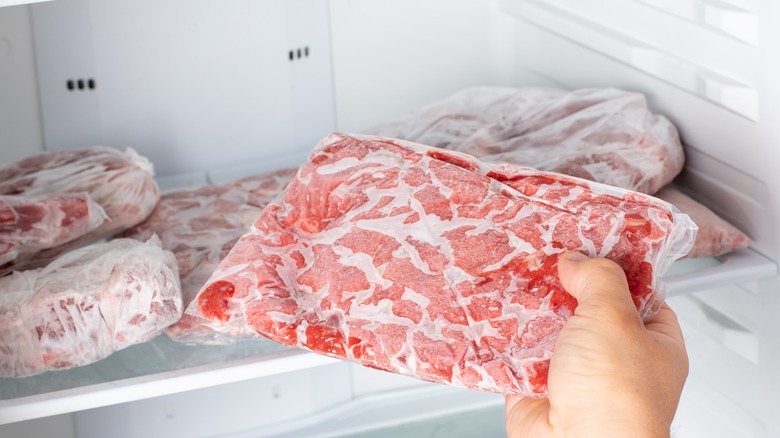 bagged meat in a freezer