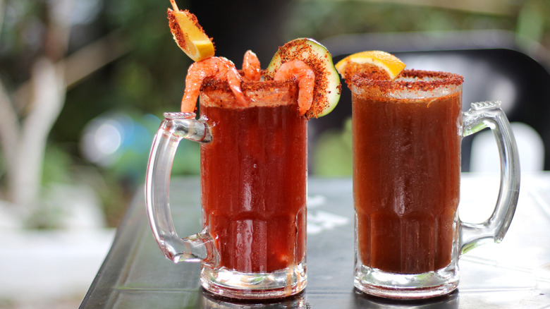 Micheladas with tajin rims and shrimp