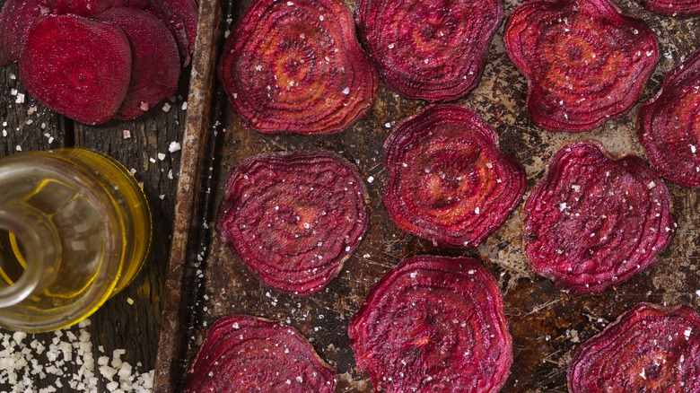 Beet chips and slices with oil and salt