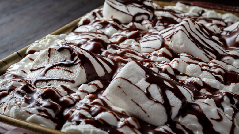 Mississippi mud cake in baking pan