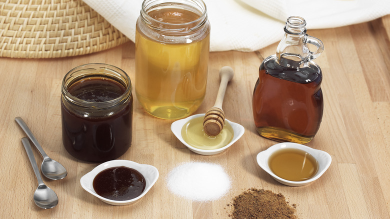 Molasses, maple syrup, honey, and various sugars