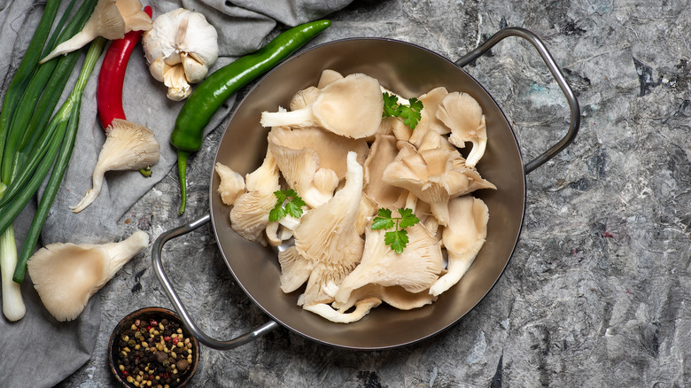 Oyster mushrooms crowded in pan