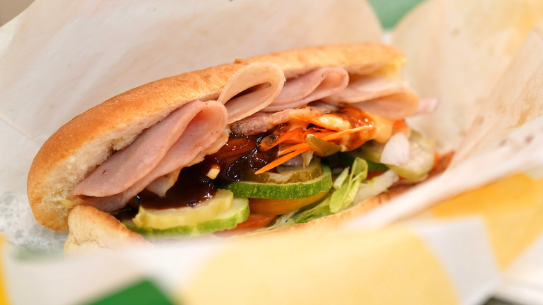 Subway ham sandwich with vegetables