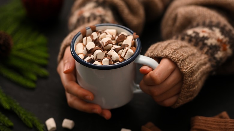 Pair of hands in sweater holding hot chocolate