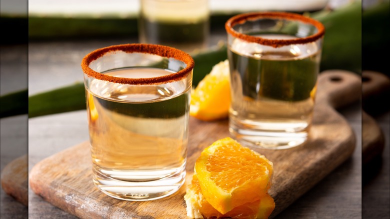 chili-rimmed mezcal shots