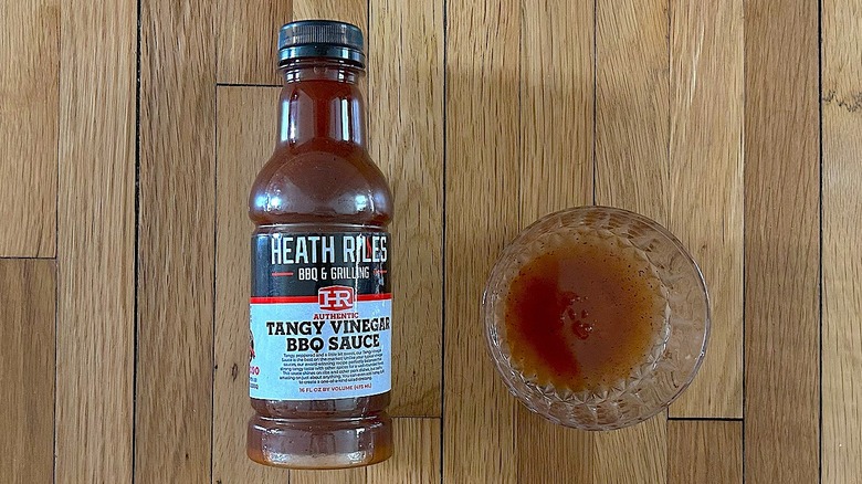 Bottle and bowl of Heath Riles BBQ Tangy Vinegar Barbecue Sauce, Champion Pitmaster Recipe