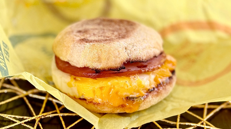 Close up of an egg McMuffin on its wrapper