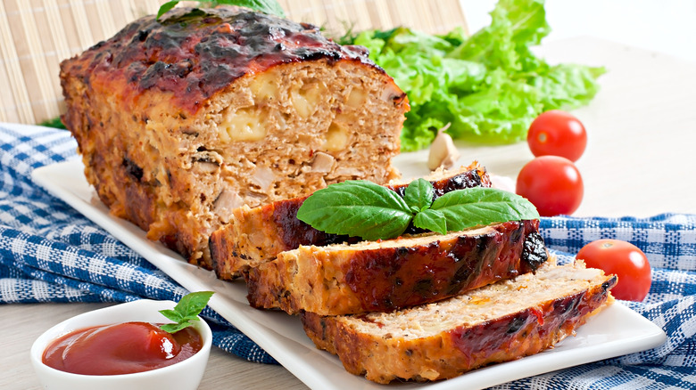 sliced meatloaf on platter