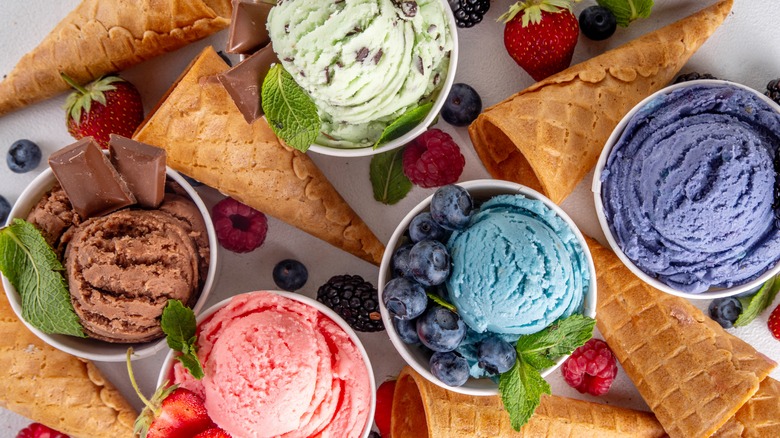 Assortment of ice cream flavors and cones