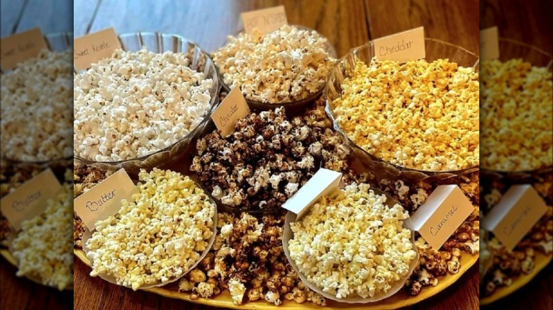 bowls of various flavored popcorns