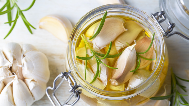 Garlic infusing in olive oil