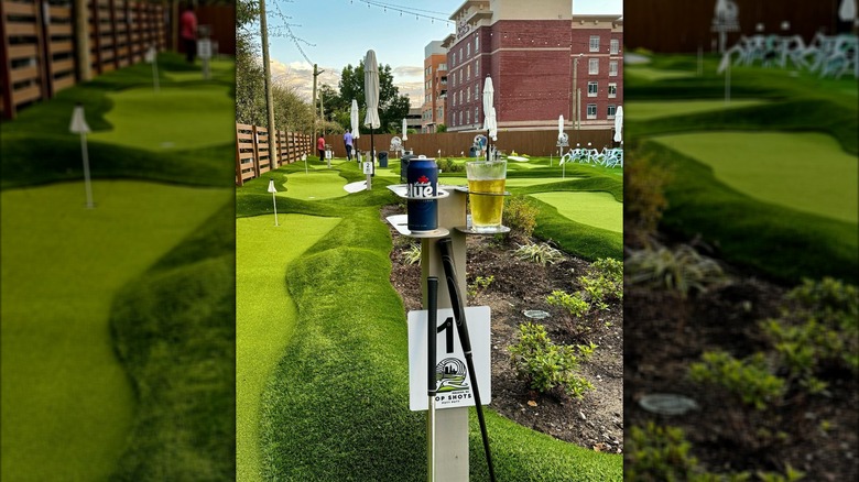 Beer in cupholders along putt-putt course