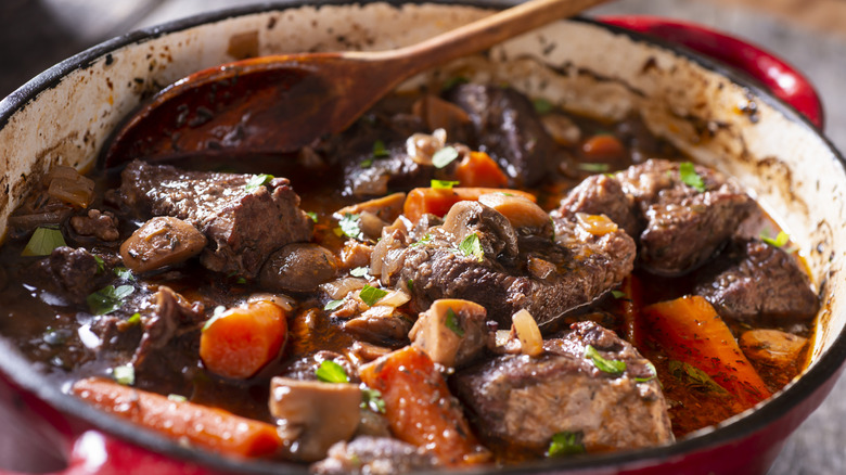 close up of a pot of beef stew cooking