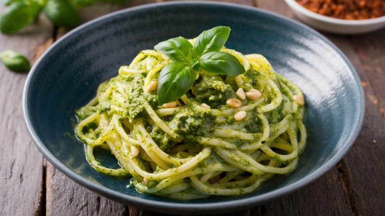 Spaghetti with pesto and pine nuts