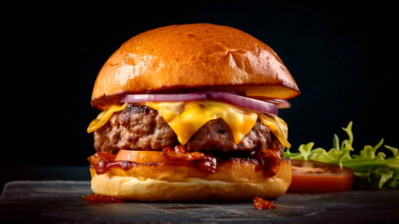 bison burger on dark background