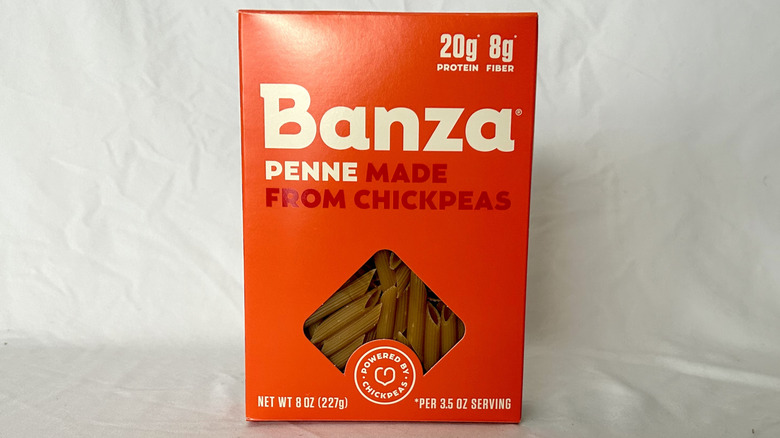 Box of Banza penne made from chickpeas against a white background