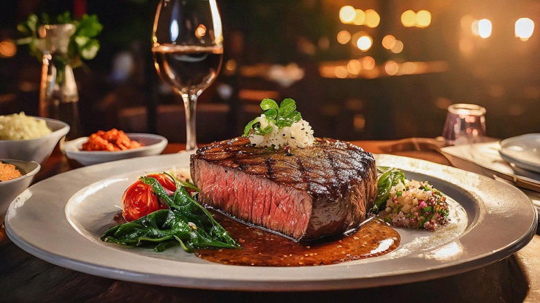 Luxurious piece of steak on a plate with sides and a glass of wine at a restaurant.