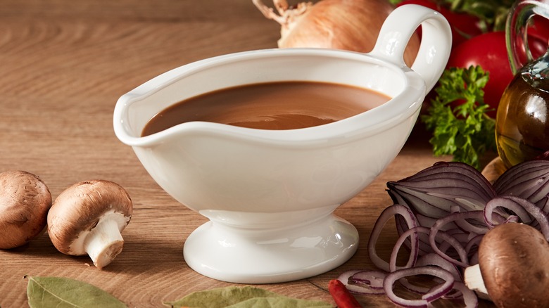 brown gravy in a gravy boat 