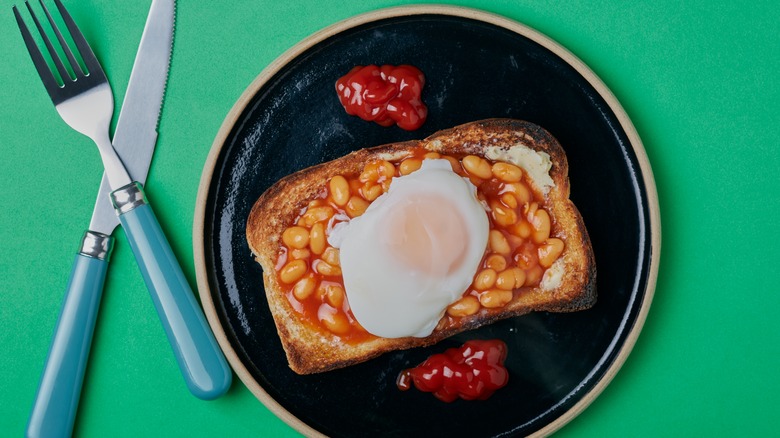 beans on toast with a poached egg