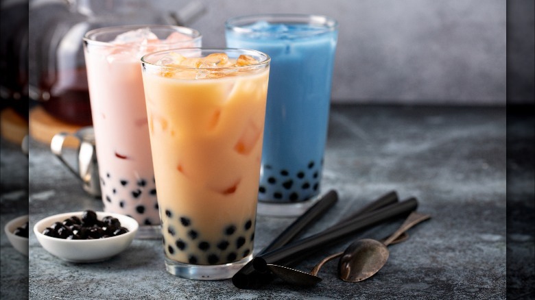 3 colorful glasses of boba tea