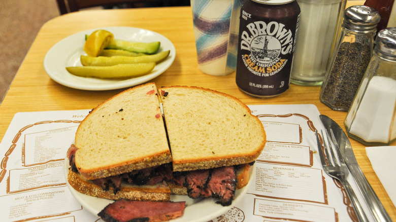 Dr. Brown's soda, pastrami on rye, pickles from Katz's