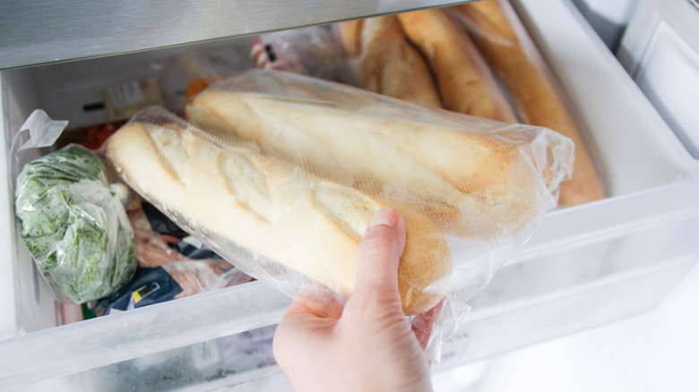 Frozen baguettes in freezer