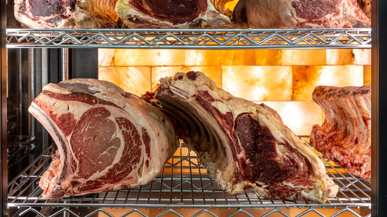 Beef steak dry aging on racks