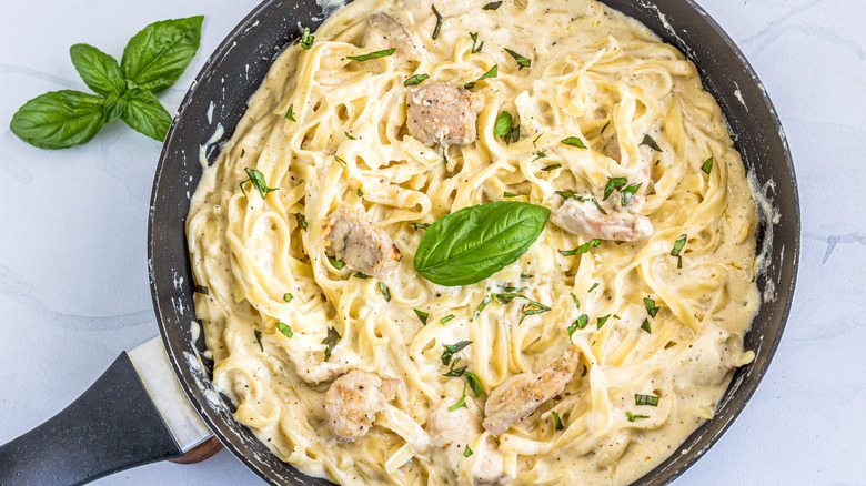 creamy pasta in a nonstick skillet