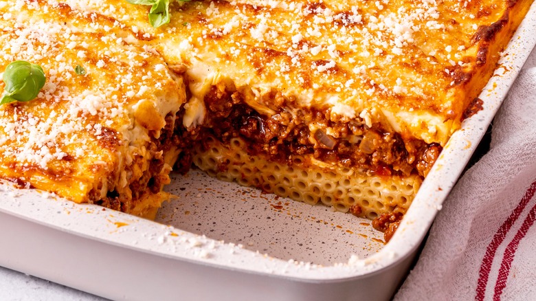 Pastitsio cut in a big casserole dish