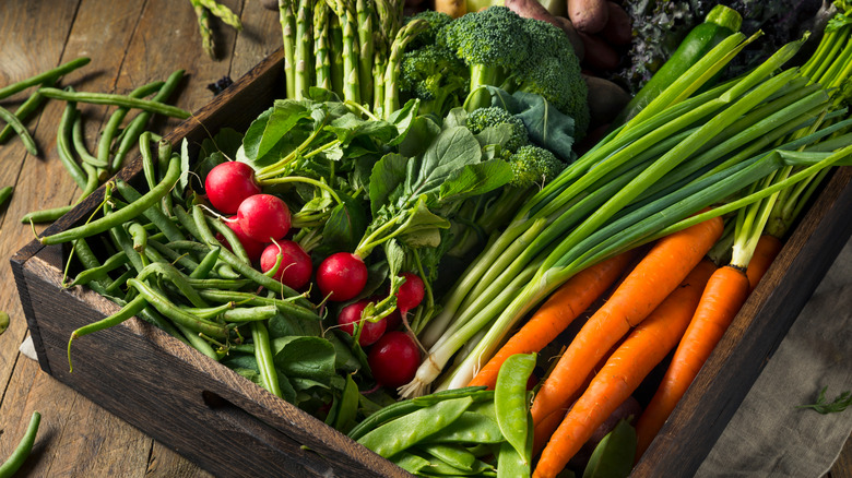 Crate of spring vegetables