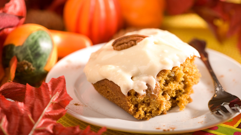 Pumpkin cream cake topped with walnut